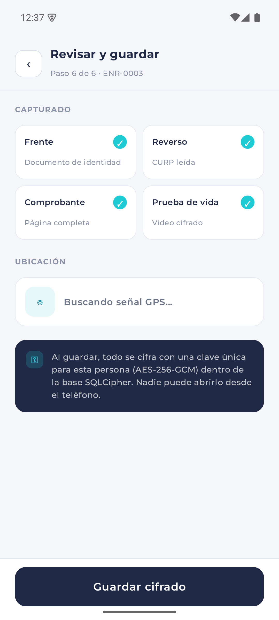 Pantalla de revisar y guardar con piezas capturadas y ubicación